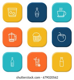 Set Of 9 Drinks Outline Icons Set.Collection Of Champagne, Mojito, Hot Drink And Other Elements.