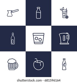 Set Of 9 Drinks Outline Icons Set.Collection Of Pot, Bottle, Whiskey And Other Elements.