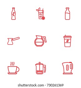 Set Of 9 Drinks Outline Icons Set.Collection Of Dairy, Coffeepot, Cappuccino And Other Elements.