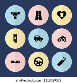 Set of 9 drive filled icons such as truck with luggage, road, toy car, wheel, usb signal, cpu in heart, motorcycle