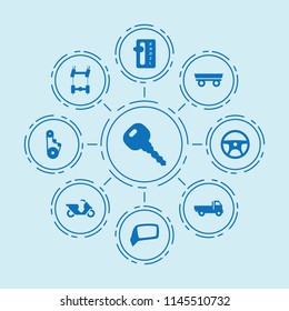 Set of 9 drive filled icons such as trailer, steering wheel, timing belt, car chassis, car key, auto transmission, car mirror, larry