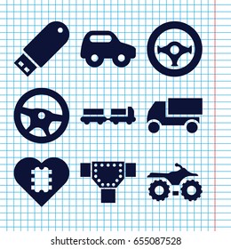 Set of 9 drive filled icons such as truck with luggage, road, toy car, truck, flash drive, steering wheel, cpu in heart, motorcycle