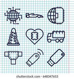 Set of 9 drive outline icons such as tunnel, road, truck, usb drive, usb signal, sport car, cpu in heart