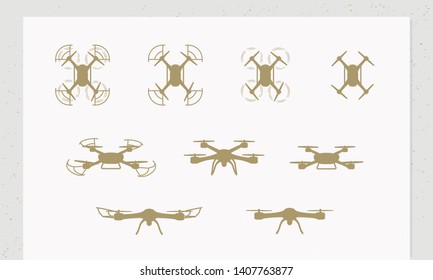Set of 9 drone icons isolated on white background. Drone silhouettes - front and side views. 9 trendy design elements for create logo, label, emblem, poster.