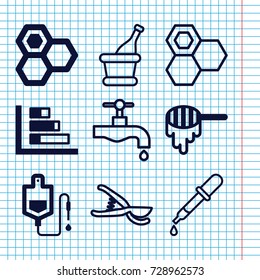 Set of 9 drop filled and outline icons such as honey, drop counter, pipette, tap, garden tools, champagne