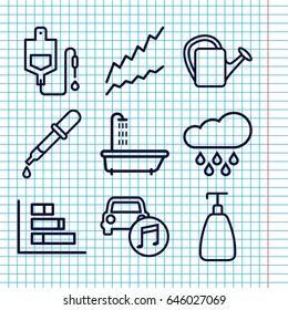 Set of 9 drop outline icons such as shower, pipette, soap, watering can, drop counter, car music, rain