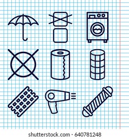 Set of 9 dry outline icons such as hair dryer, hair curler, paper towel, no dry cleaning, keep dry cargo, cargo only in box allowed