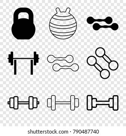 Set of 9 dumbbell filled and outline icons such as barbell, dumbbell