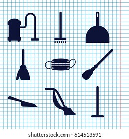 Set of 9 dust filled icons such as broom, mop, dustpan, vacuum cleaner