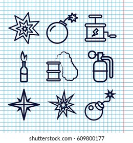 Set of 9 dynamite outline icons such as bomb, dynamite, explosion, smoking can