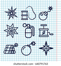 Set of 9 dynamite outline icons such as bomb, dynamite, explosion, smoking can