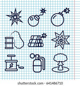 Set of 9 dynamite outline icons such as bomb, dynamite, explosion, smoking can