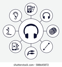 Set of 9 ear filled icons such as hay, cotton buds, mp3 player, ear, phone and earphones, earphones, earphone wire, headset