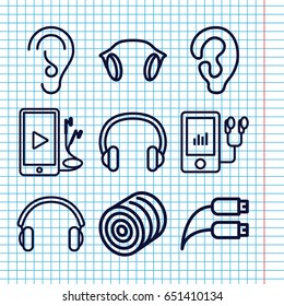Set of 9 ear outline icons such as hay, ear, mp3 player, phone and earphones, earphones, earphone wire