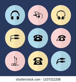 Set of 9 earphone filled icons such as desk phone, earphone wire, headphones