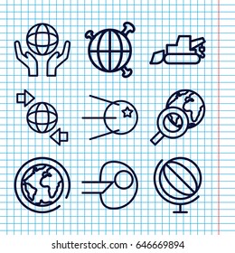 Set of 9 earth outline icons such as excavator, around the globe, holding globe, core