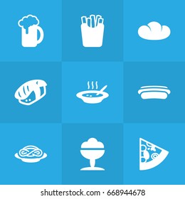 Set Of 9 Eat Icons Set.Collection Of Sausage, Ale, Pepperoni And Other Elements.