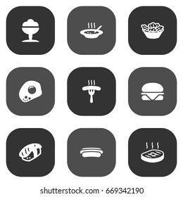 Set Of 9 Eat Icons Set.Collection Of Broth, Beefsteak, Sorbet And Other Elements.