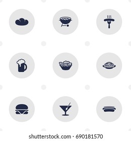 Set Of 9 Eat Icons Set.Collection Of Frankfurter, Lettuce, Ale And Other Elements.