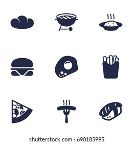 Set Of 9 Eat Icons Set.Collection Of Japanese Roll, Baguette, Frankfurter And Other Elements.