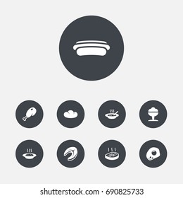 Set Of 9 Eat Icons Set.Collection Of Baguette, Eggs, Sausage And Other Elements.