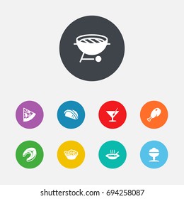 Set Of 9 Eat Icons Set.Collection Of Broth, Barbecue, Seafood And Other Elements.