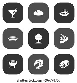 Set Of 9 Eat Icons Set.Collection Of Sausage, Sorbet, Pepperoni And Other Elements.
