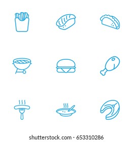 Set Of 9 Eat Outline Icons Set.Collection Of Sandwich, Mexican Food, Raw Fish Elements.