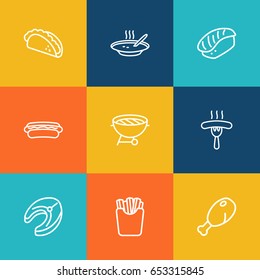 Set Of 9 Eat Outline Icons Set.Collection Of Sausage, Mexican Food, Soup And Other Elements.