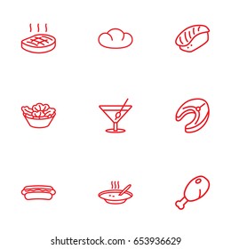 Set Of 9 Eat Outline Icons Set.Collection Of Hotdog, Salad, Cocktail And Other Elements.