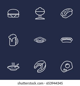 Set Of 9 Eat Outline Icons Set.Collection Of Hotdog, Raw Fish, Sandwich Elements.