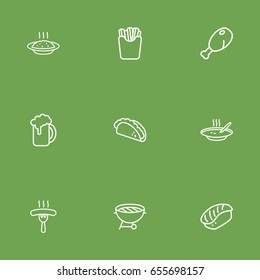 Set Of 9 Eat Outline Icons Set.Collection Of Mexican Food, French Fries, Beer And Other Elements.