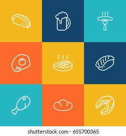 Set Of 9 Eat Outline Icons Set.Collection Of Mexican Food, Chicken Leg, Raw Fish And Other Elements.