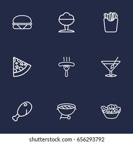 Set Of 9 Eat Outline Icons Set.Collection Of French Fries, Salad, Chicken Leg And Other Elements.