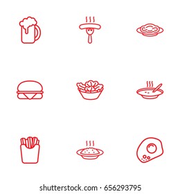 Set Of 9 Eat Outline Icons Set.Collection Of French Fries, Sausage, Porridge And Other Elements.