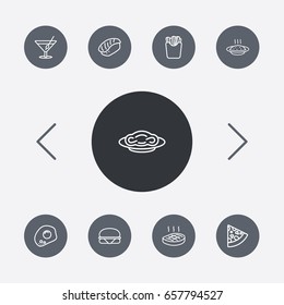 Set Of 9 Eat Outline Icons Set.Collection Of Pepperoni, Omelette, Sandwich Elements.