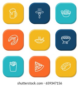 Set Of 9 Eat Outline Icons Set.Collection Of Sausage, Beer, Japanese Roll And Other Elements.