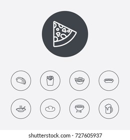 Set Of 9 Eat Outline Icons Set.Collection Of Salad, Pepperoni, Bread And Other Elements.