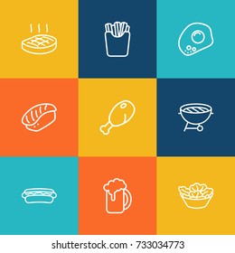 Set Of 9 Eat Outline Icons Set.Collection Of Steak, French Fries, Omelette And Other Elements.