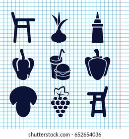 Set of 9 eating filled icons such as mushroom, onion, grape, pepper, baby chair, ketchup
