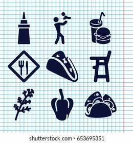 Set of 9 eating filled icons such as deel, pepper, baby chair, taco, ketchup, burger and drink, restaurant