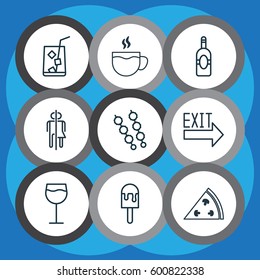 Set Of 9 Eating Icons. Includes Lemon Juice, Hooch, Doorway And Other Symbols. Beautiful Design Elements.