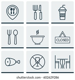 Set Of 9 Eating Icons. Includes Food Mapping, Eating House, Dining Room And Other Symbols. Beautiful Design Elements.