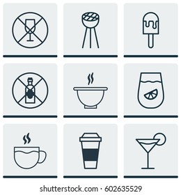 Set Of 9 Eating Icons. Includes Alcohol Forbid, Lolly, Cocktail And Other Symbols. Beautiful Design Elements.