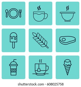 Set Of 9 Eating Icons. Includes Cutlery, Dessert, Wheat And Other Symbols. Beautiful Design Elements.