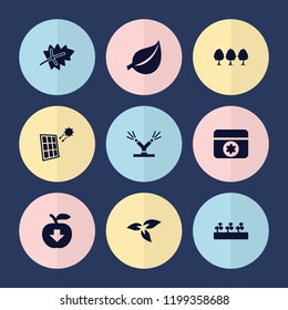 Set of 9 eco filled icons such as plant, leaf, sprout plants, watering system, solar panel, apple download, tree
