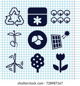 Set of 9 eco filled and outline icons such as leaf, tree, flower, solar panel, sprout, recycle