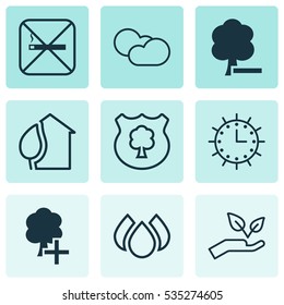 Set Of 9 Eco Icons. Includes Home, Insert Woods, Save World And Other Symbols. Beautiful Design Elements.