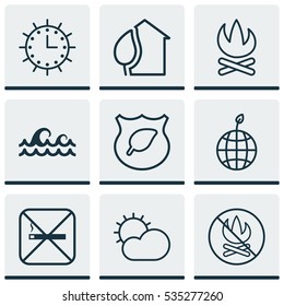 Set Of 9 Eco Icons. Includes Cigarette, Home, Ocean Wave And Other Symbols. Beautiful Design Elements.