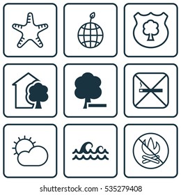 Set Of 9 Eco Icons. Includes House, Delete Woods, World Ecology And Other Symbols. Beautiful Design Elements.